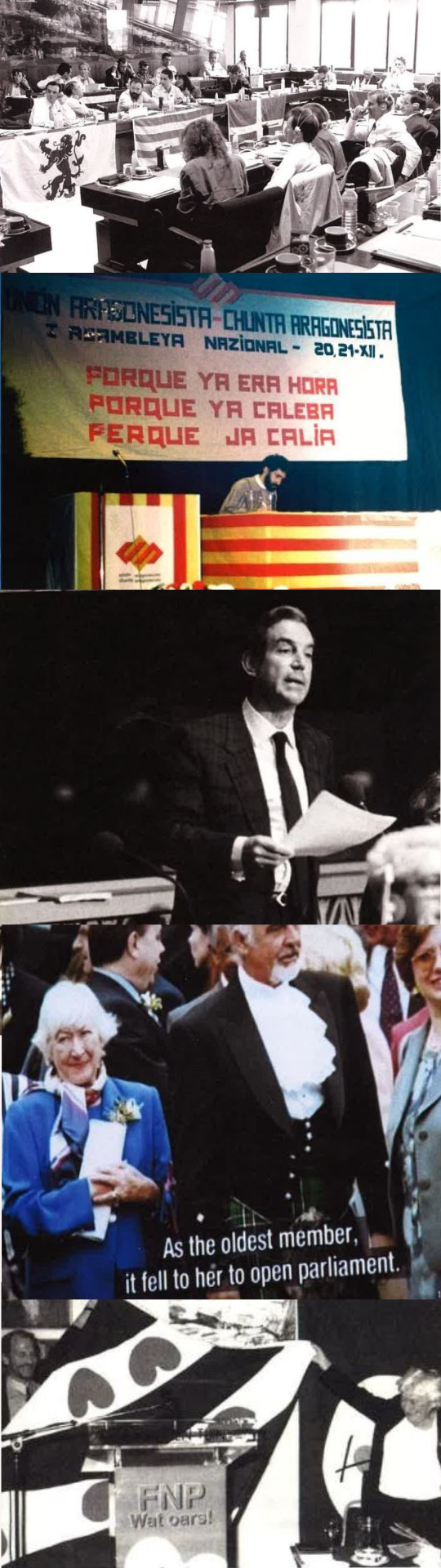 Collage of historical EFA moments from 1986 to 1999, including assemblies, political speeches, and events with figures such as H. Gourmelin, G. Alirol, B. Lasagabaster, J. Evans, P. Kylan, D. Williams, M. Simeoni, F. Mochenross, Carlos Garaikoetxea, Winnie Ewing, and Sean Connery.
